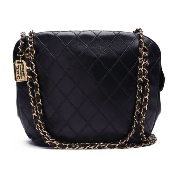 Chanel Matelasse Plate Charm Double Chain Shoulder Bag Lambskin Black Gold - Picture 1 of 9
